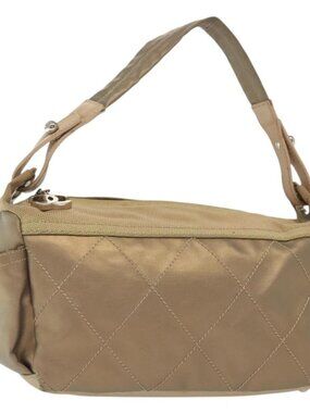 Authentic CHANEL Paris Biarritz Shoulder Bag Coated Canvas Beige Silver CC